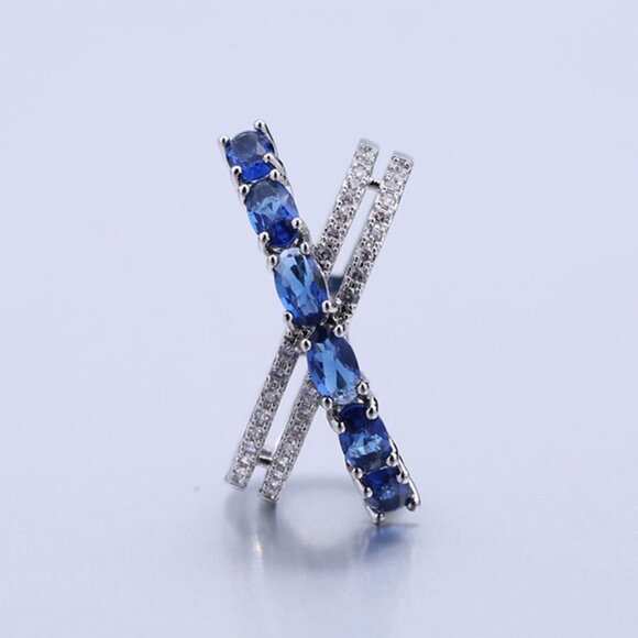 🎀 Oval Royal Blue Anillos Unique Three Lines Silver Ring for Women, VIP272 - Picture 3 of 7